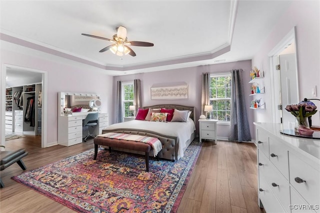 bedroom featuring multiple windows, wood finished floors, and a tray ceiling