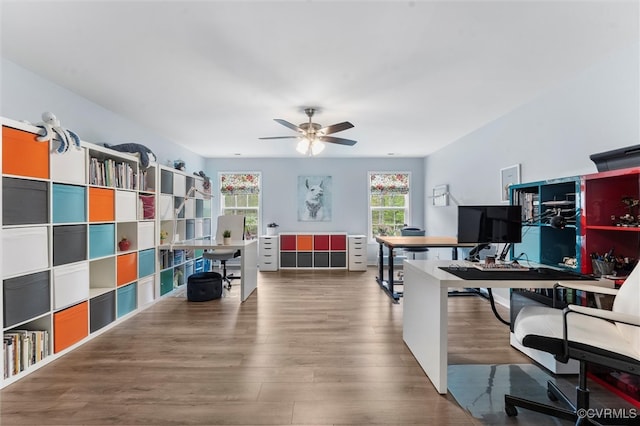 office area featuring a ceiling fan and wood finished floors
