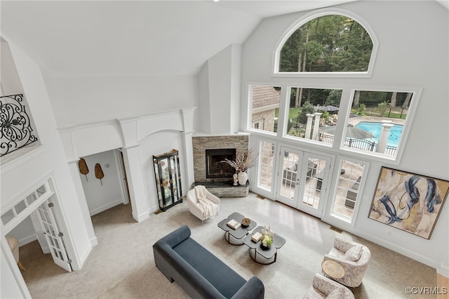 2403 Bermuda Ave, Chester, VA 23836 - living area with light carpet, a fireplace, and high vaulted ceiling