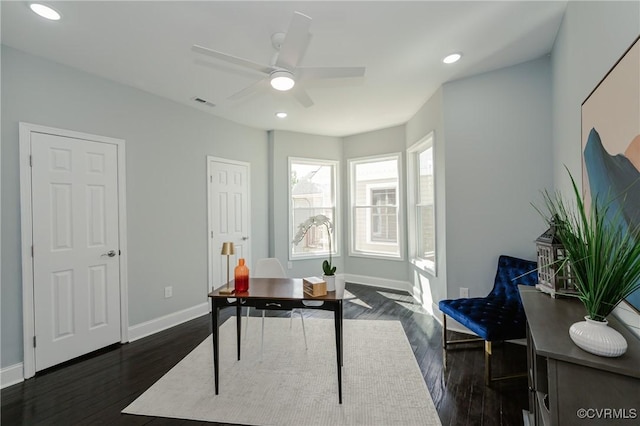 home office featuring ceiling fan, baseboards, dark wood-type flooring, and recessed lighting