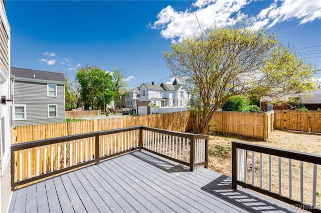 wooden deck featuring a fenced backyard and a residential view