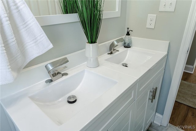 bathroom featuring wood finished floors, a sink, and double vanity