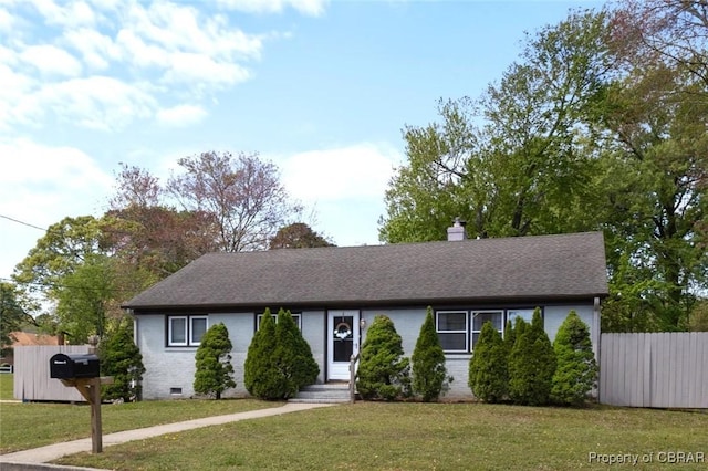 16 Lakeview Dr, Newport News, VA 23602 - ranch-style house with fence, brick siding, crawl space, a front yard, and a chimney