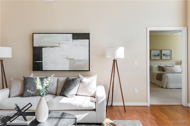 living area featuring baseboards and wood finished floors