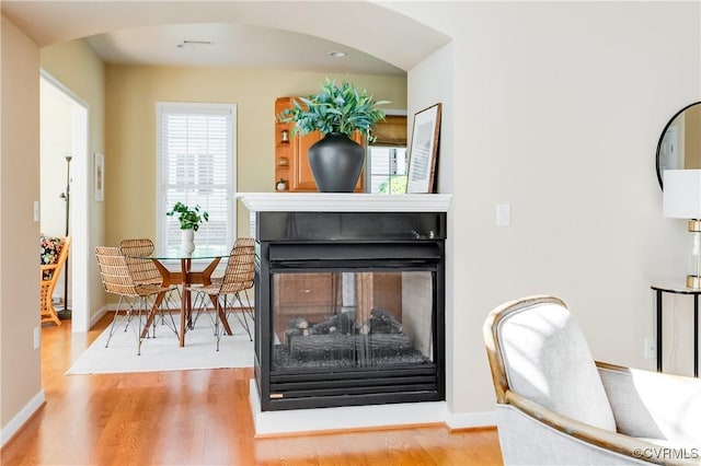 living area featuring wood finished floors, a multi sided fireplace, and plenty of natural light