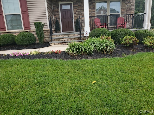 view of exterior entry featuring a yard, stone siding, and covered porch