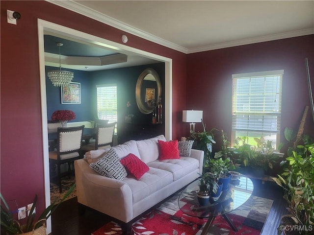 living room featuring an inviting chandelier, wood finished floors, and ornamental molding