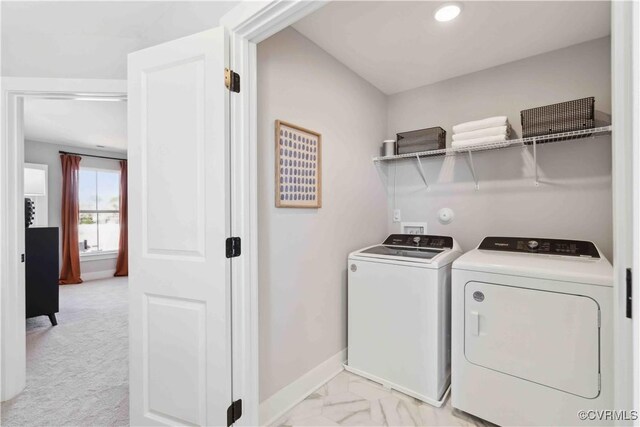 15345 Sunray Aly, Chesterfield, VA 23832 - washroom featuring separate washer and dryer, baseboards, recessed lighting, and light marble finish floors