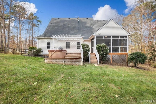 11107 Lyndenwood Dr, Chesterfield, VA 23838 - rear view of property featuring fence, a pergola, a wooden deck, a lawn, and a sunroom