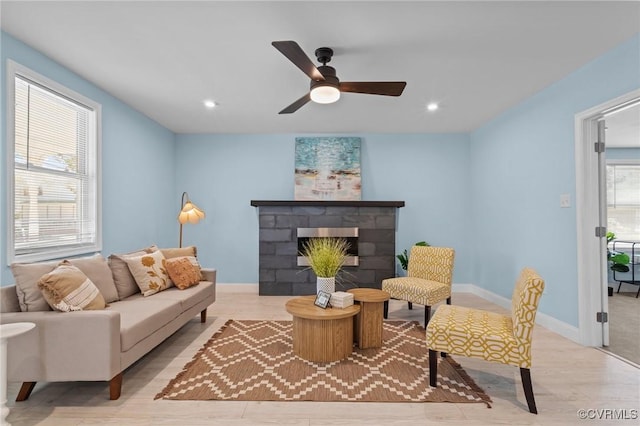 6512 River Rd, South Chesterfield, VA 23803 - living room featuring wood finished floors, a fireplace, recessed lighting, and ceiling fan