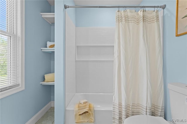 6512 River Rd, South Chesterfield, VA 23803 - full bathroom featuring baseboards, tile patterned flooring, shower / bathtub combination with curtain, and toilet