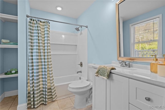 6512 River Rd, South Chesterfield, VA 23803 - bathroom featuring shower / tub combo with curtain, tile patterned floors, vanity, and toilet