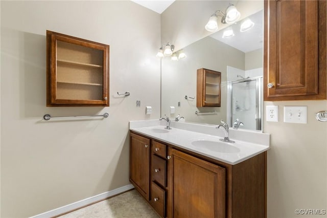 full bath featuring double vanity, a stall shower, and a sink