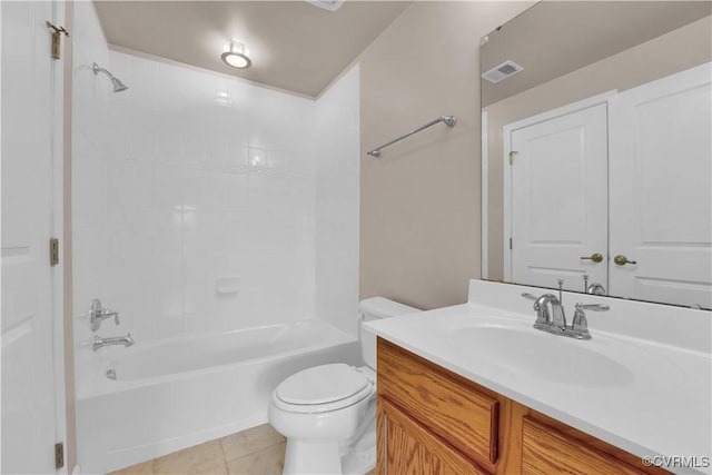 full bath featuring toilet, washtub / shower combination, tile patterned flooring, and vanity