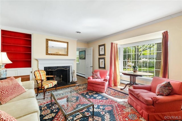 living room featuring a baseboard heating unit, a fireplace with flush hearth, ornamental molding, and wood finished floors