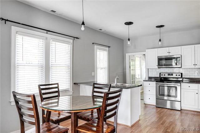kitchen with visible vents, dark countertops, appliances with stainless steel finishes, tasteful backsplash, and white cabinets
