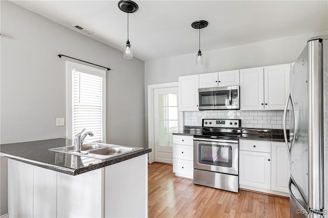 kitchen featuring white cabinets, dark countertops, appliances with stainless steel finishes, a sink, and visible vents