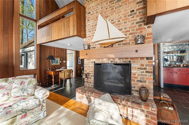 living area featuring a fireplace and wood walls