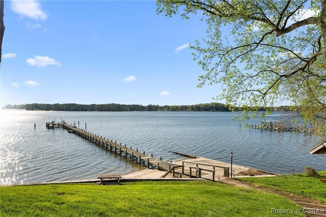 dock area with a lawn and a water view