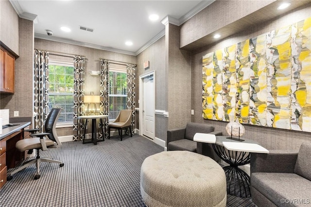 interior space featuring visible vents, baseboards, ornamental molding, recessed lighting, and dark carpet