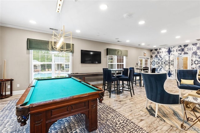 game room featuring pool table, plenty of natural light, and recessed lighting