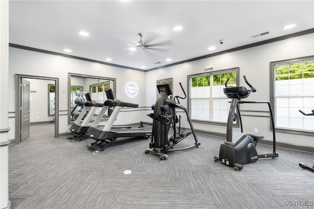 workout area with carpet, a ceiling fan, baseboards, visible vents, and ornamental molding