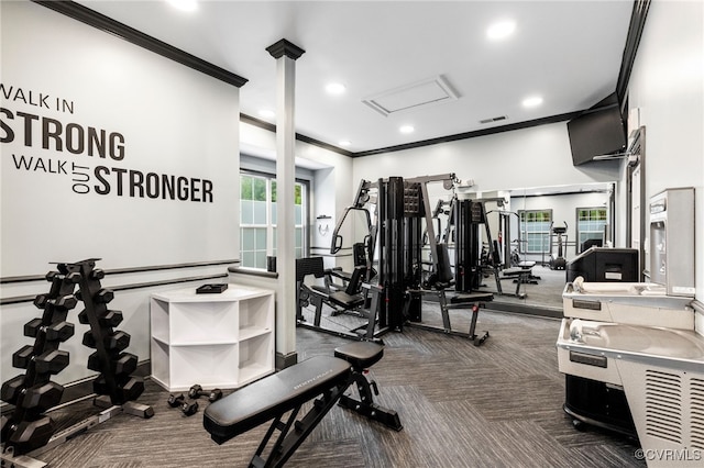 exercise room with crown molding, recessed lighting, visible vents, and dark carpet