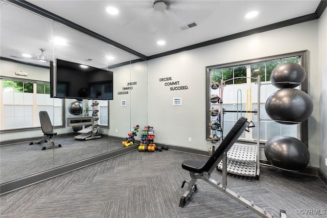 workout area featuring plenty of natural light, carpet floors, baseboards, and visible vents