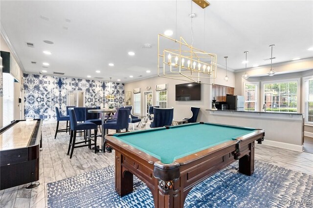 playroom featuring crown molding, pool table, baseboards, and plenty of natural light