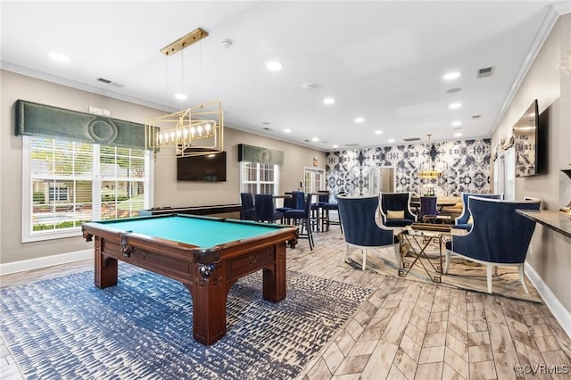 playroom featuring recessed lighting, baseboards, visible vents, and ornamental molding