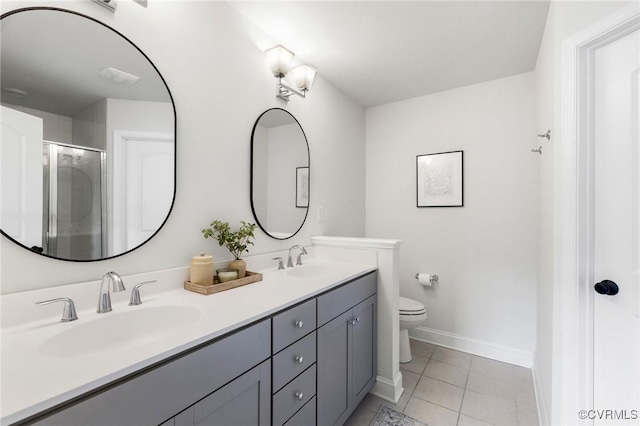 6812 Leire Ln, Chesterfield, VA 23832 - bathroom featuring tile patterned flooring, a stall shower, double vanity, toilet, and baseboards
