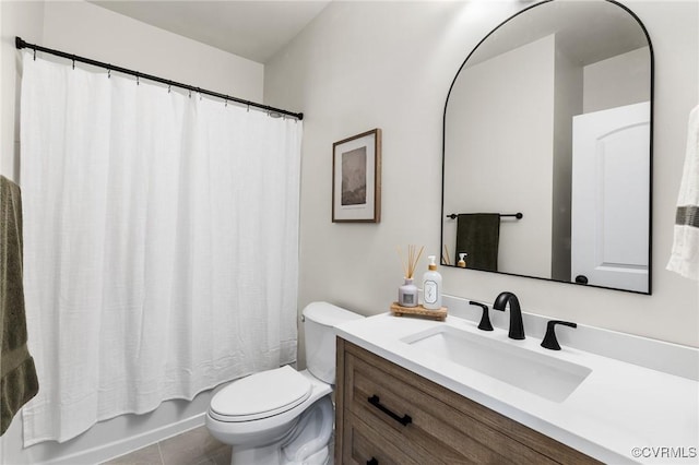 6812 Leire Ln, Chesterfield, VA 23832 - bathroom featuring toilet, vanity, shower / tub combo with curtain, and tile patterned floors