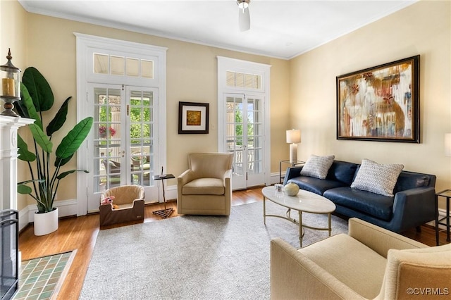 living room featuring crown molding, a ceiling fan, and wood finished floors