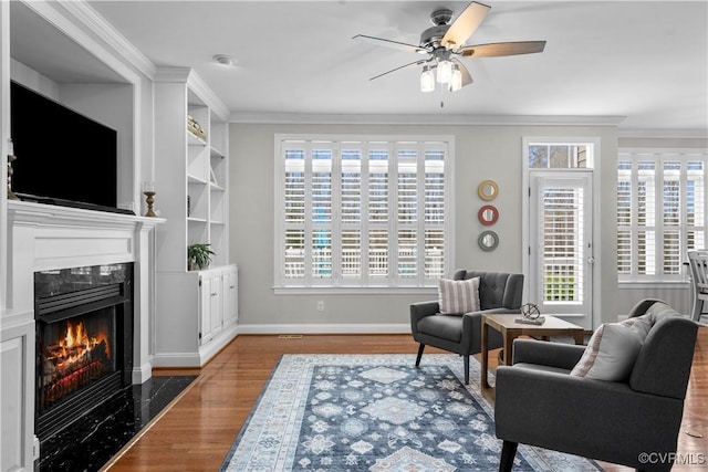 8500 Baldwin Creek Rd, Chesterfield, VA 23832 - living area featuring ceiling fan, baseboards, wood finished floors, a high end fireplace, and ornamental molding