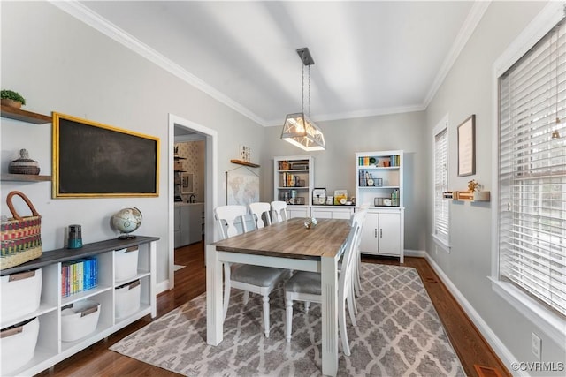 8500 Baldwin Creek Rd, Chesterfield, VA 23832 - dining area featuring baseboards, ornamental molding, dark wood finished floors, and a notable chandelier