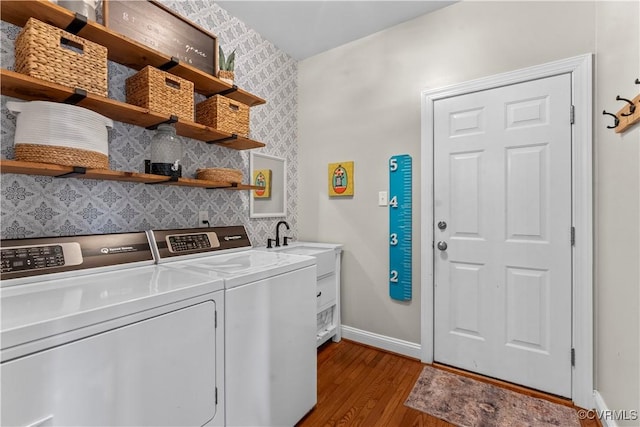 8500 Baldwin Creek Rd, Chesterfield, VA 23832 - washroom with baseboards, wallpapered walls, washer and clothes dryer, and wood finished floors