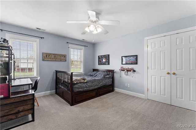 8500 Baldwin Creek Rd, Chesterfield, VA 23832 - carpeted bedroom with visible vents, baseboards, ceiling fan, and a closet
