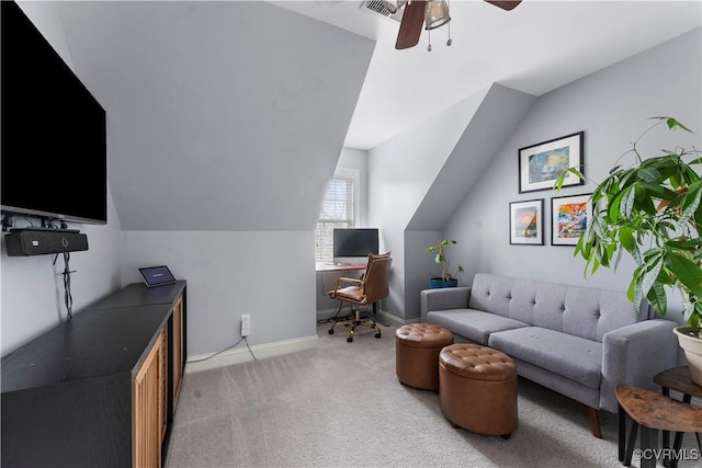 8500 Baldwin Creek Rd, Chesterfield, VA 23832 - living room with baseboards, a ceiling fan, vaulted ceiling, and light carpet