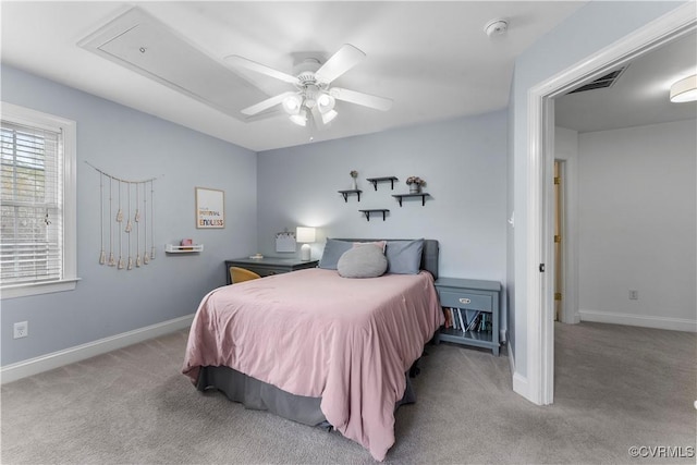 8500 Baldwin Creek Rd, Chesterfield, VA 23832 - carpeted bedroom with a ceiling fan, baseboards, visible vents, and attic access