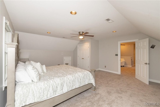 4900 Wellington Farms Dr, Chester, VA 23831 - bedroom with lofted ceiling, light colored carpet, a closet, recessed lighting, and a ceiling fan