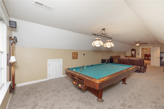 4900 Wellington Farms Dr, Chester, VA 23831 - rec room with carpet, lofted ceiling, pool table, and ceiling fan
