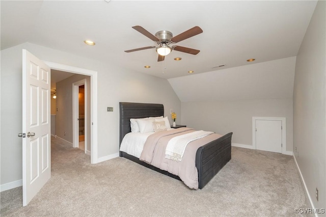 4900 Wellington Farms Dr, Chester, VA 23831 - bedroom featuring light carpet, lofted ceiling, recessed lighting, and ceiling fan