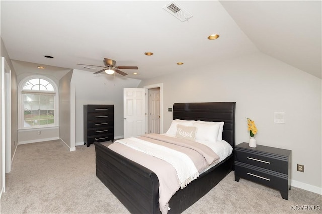 4900 Wellington Farms Dr, Chester, VA 23831 - bedroom featuring light colored carpet, recessed lighting, vaulted ceiling, and a ceiling fan