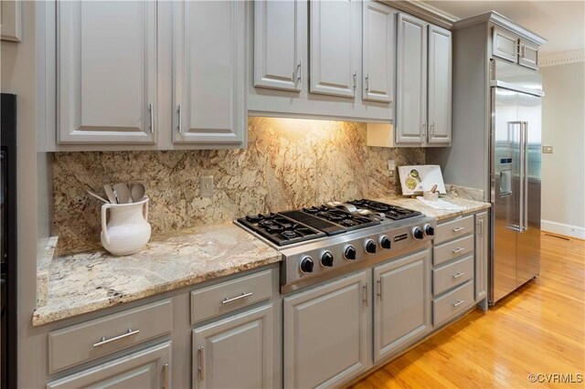 4900 Wellington Farms Dr, Chester, VA 23831 - kitchen with stainless steel appliances, gray cabinets, light wood-style floors, and decorative backsplash