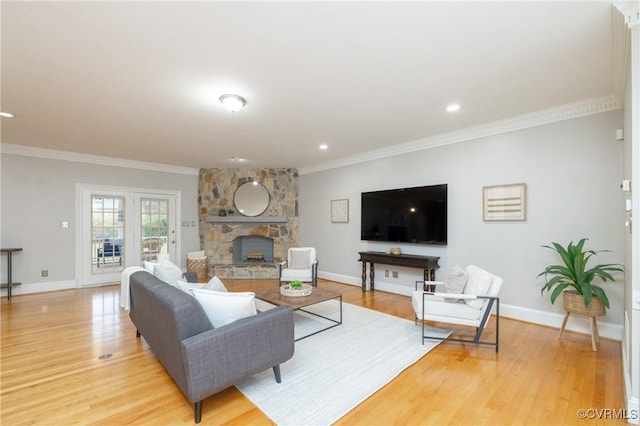 4900 Wellington Farms Dr, Chester, VA 23831 - living area featuring a fireplace, ornamental molding, light wood-style flooring, and recessed lighting