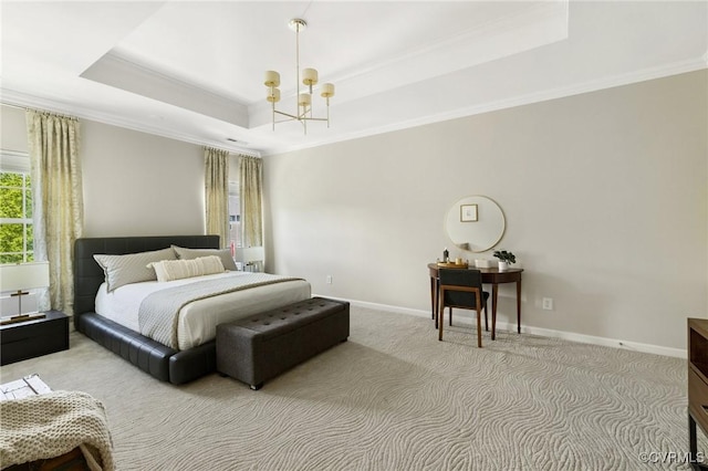 3702 Maher Mnr, Glen Allen, VA 23060 - bedroom featuring a tray ceiling, a chandelier, ornamental molding, light carpet, and baseboards