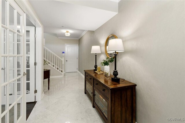 3702 Maher Mnr, Glen Allen, VA 23060 - hallway with french doors, stairway, crown molding, baseboards, and light marble finish flooring