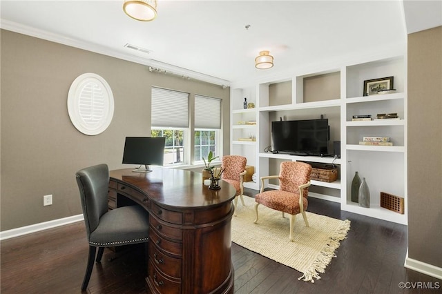 3702 Maher Mnr, Glen Allen, VA 23060 - office space featuring dark wood-style flooring, baseboards, ornamental molding, and built in shelves