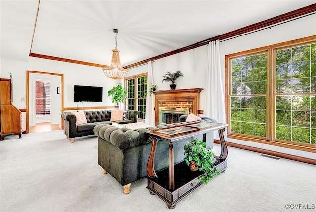 10278 Henderson Hall Rd, Mechanicsville, VA 23116 - living area with an inviting chandelier, carpet flooring, visible vents, and plenty of natural light