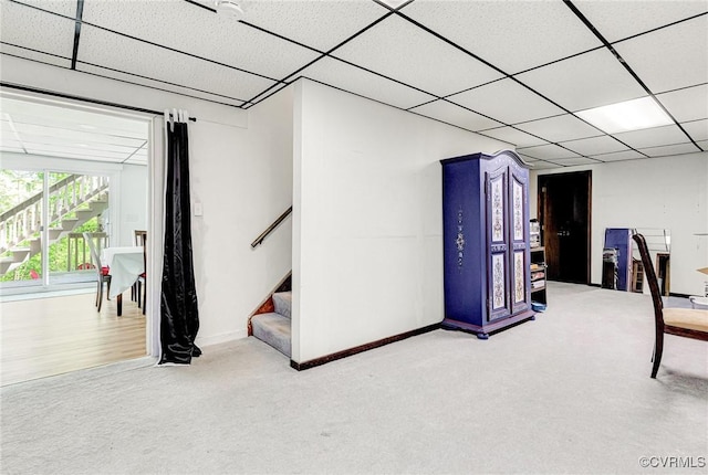 10278 Henderson Hall Rd, Mechanicsville, VA 23116 - basement with a paneled ceiling, baseboards, carpet floors, and stairs